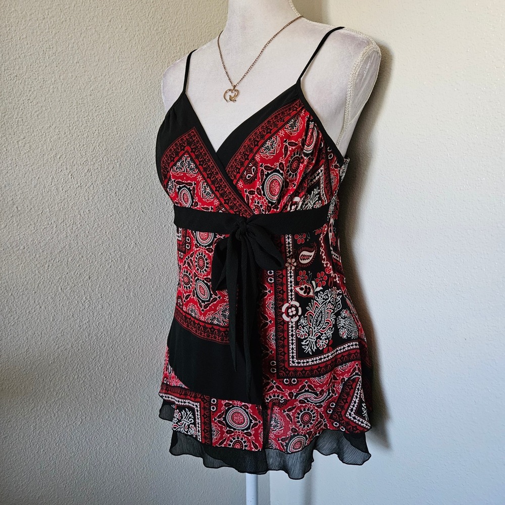 BCX Red Black Bandana Paisley Print Ruffle Camisole Top